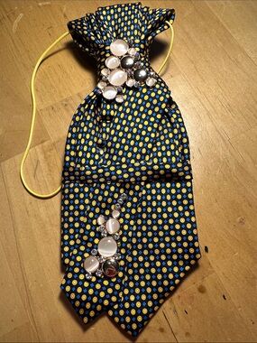Pure Silk made in Italy Navy and Yellow Polka Dot Necktie with Cateye Accents